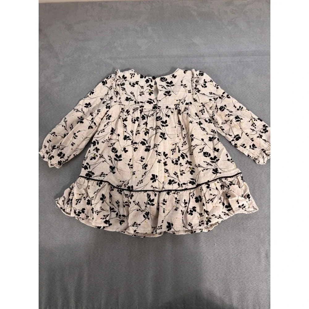 Zara 12-18 Months Neutral Floral Long‎ Sleeve Dress Prairie Boho Ruffle Soft